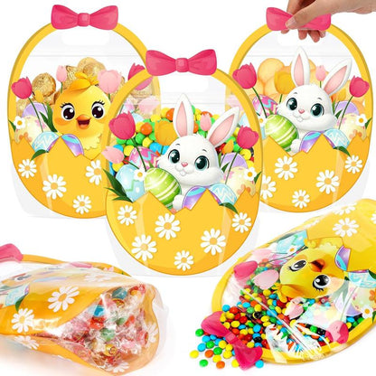 🍬Easter Goodie Bags Plastic Candy Gift Bags with Handle 🐰🐥Bunny Chick Pattern Transparent Treat Bags