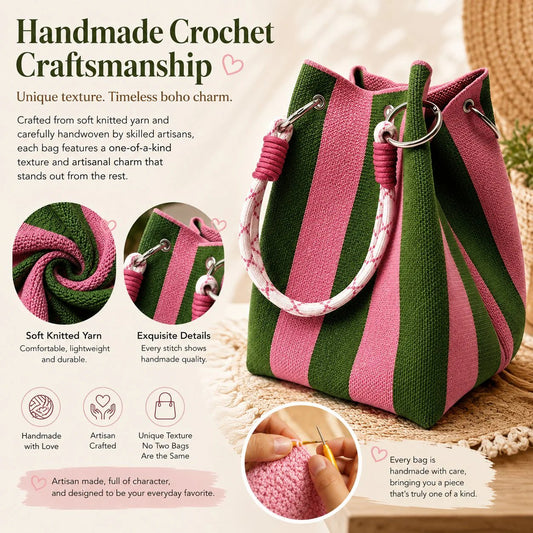 🏆✨ Limited Time £7.99! 👜 Boho Striped Knit Bucket Bag – Perfect for Summer! 🌞🌊