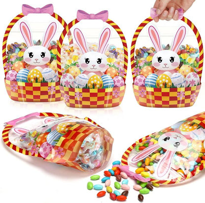 🍬Easter Goodie Bags Plastic Candy Gift Bags with Handle 🐰🐥Bunny Chick Pattern Transparent Treat Bags