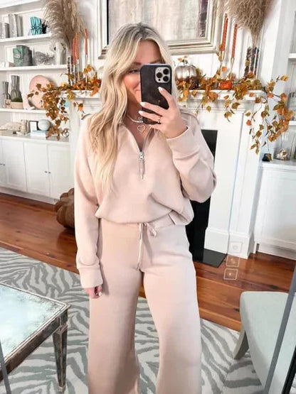 🍂 70% OFF! 💖 Women’s Chic 2-Piece Set — Half-Zip Sweatshirt & Wide-Leg Trousers