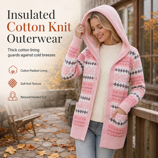 🌼 Cosy & Chic! Women's Mid-Length Hooded Knit Jacket with Cotton Lining 🧥✨